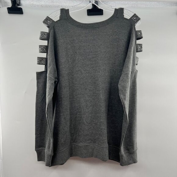 VENUS V-Neck Pullover Sweatshirt Long Cut Out Sleeve Gray Size Large Rhinestones - Picture 7 of 9